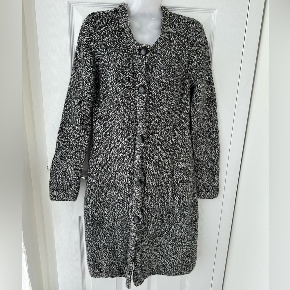 Talbots Marled Gray White Long Button Lambswool Cotton Cashmere Blend Cardigan S